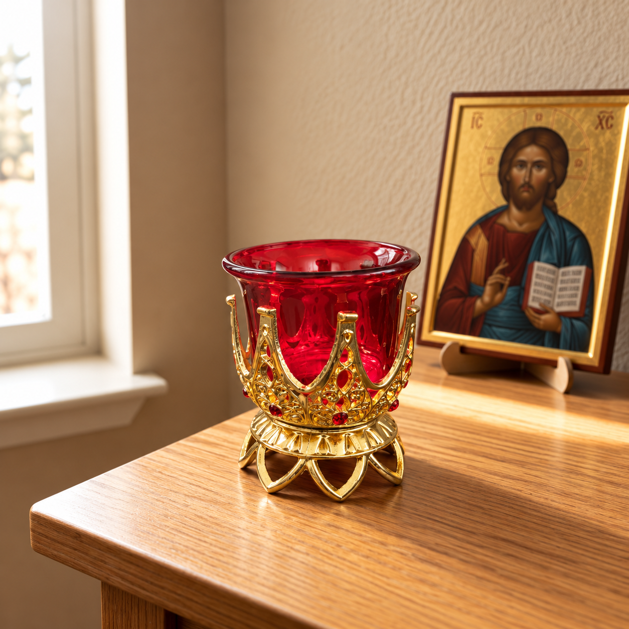 Kandilo mit goldfarbenem Ständer und rotem Glas