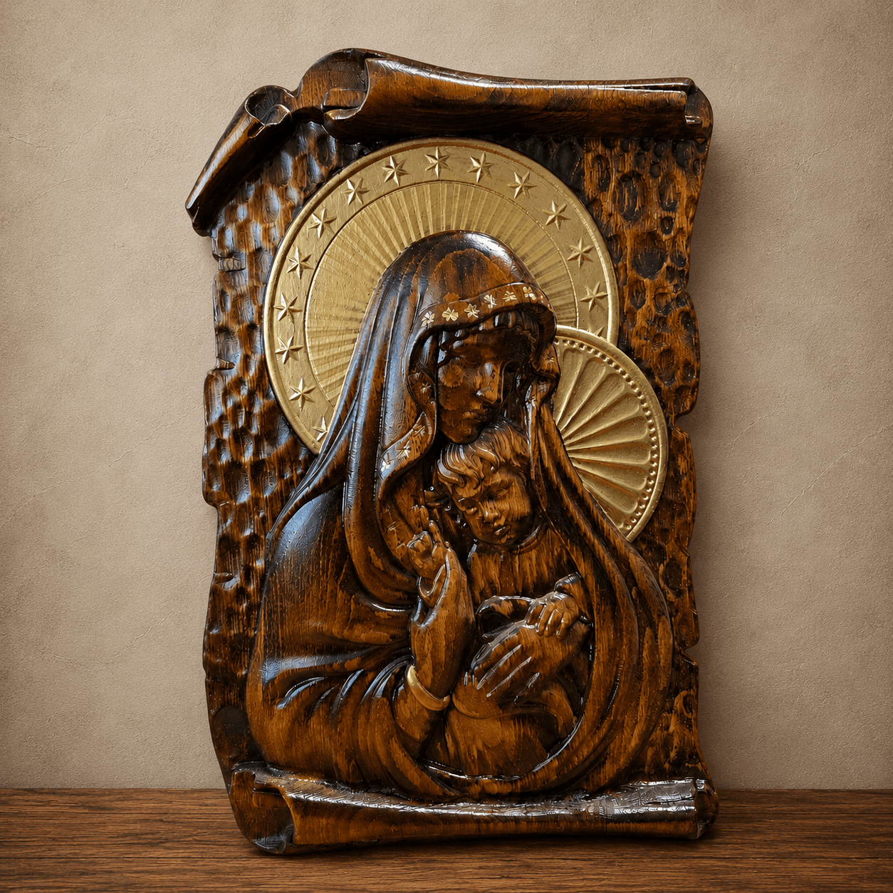 Bogorodica mit Jesuskind – Handgefertigte orthodoxe Holzikone 38,5 × 25 cm - svetazvezda