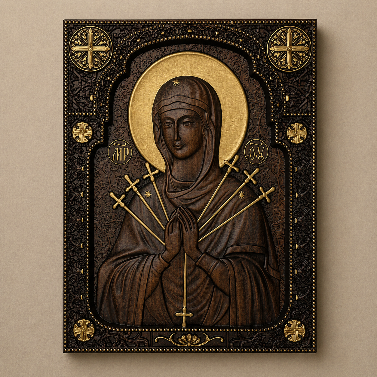 Holzikone Bogorodica Sedam Mačeva mit Goldverzierungen, 35 × 25 cm, serbisch-orthodoxe Ikone