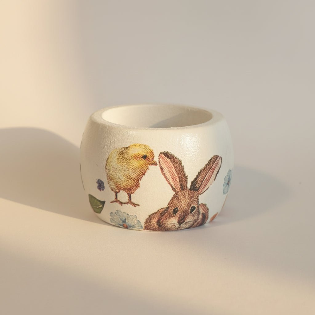 Čuvarkuća – handbemalter Eiersockel aus Holz mit Hasen - und Kükenmotiv - svetazvezda