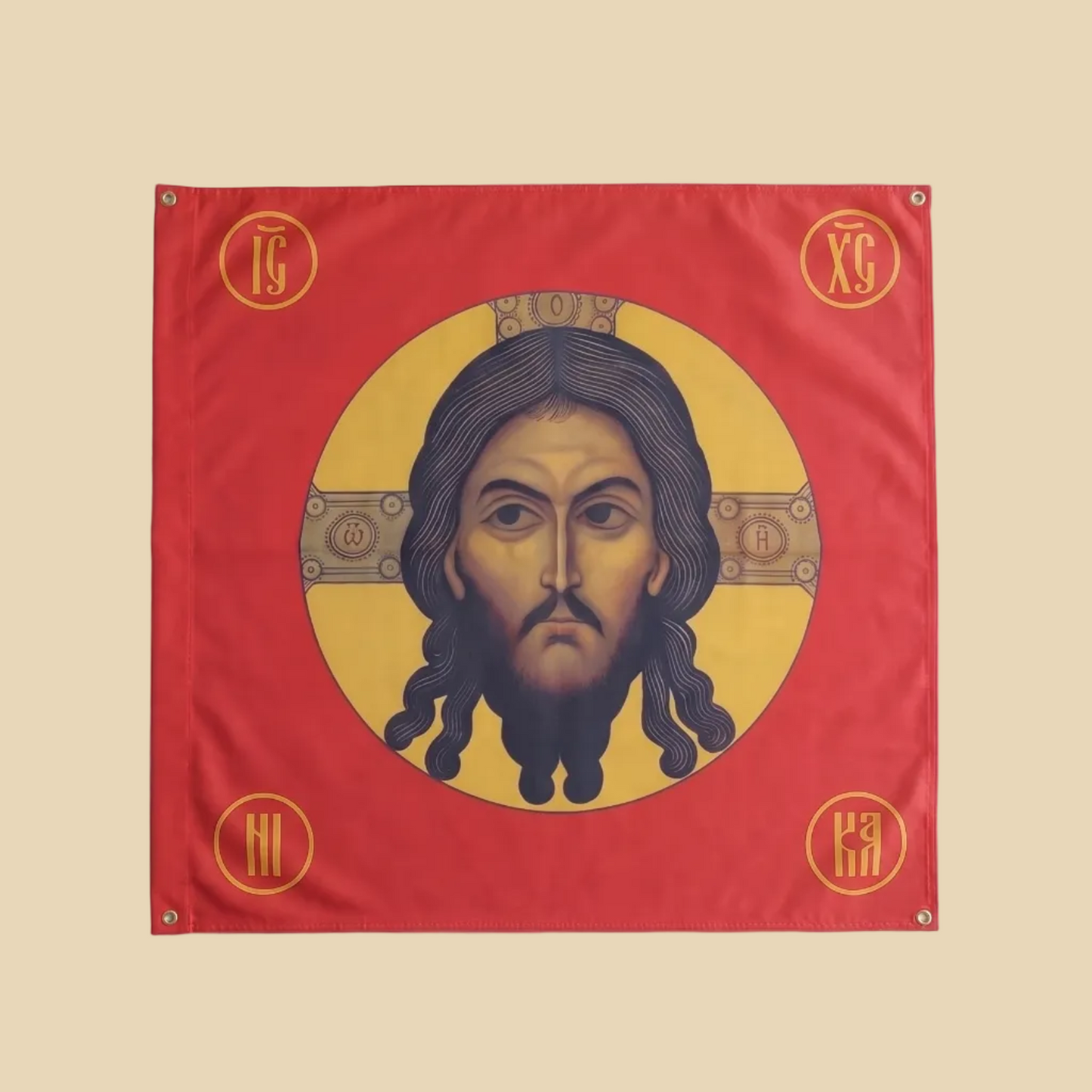 Flagge Christus Pantokrator mit orthodoxem Ikonenmotiv und IC XC NIKA 100 x 100 cm