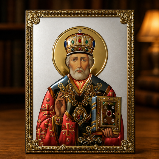 Orthodoxe Ikone des Heiligen Nikolaus – kolorierte Variante in Rot, Gold und Silber