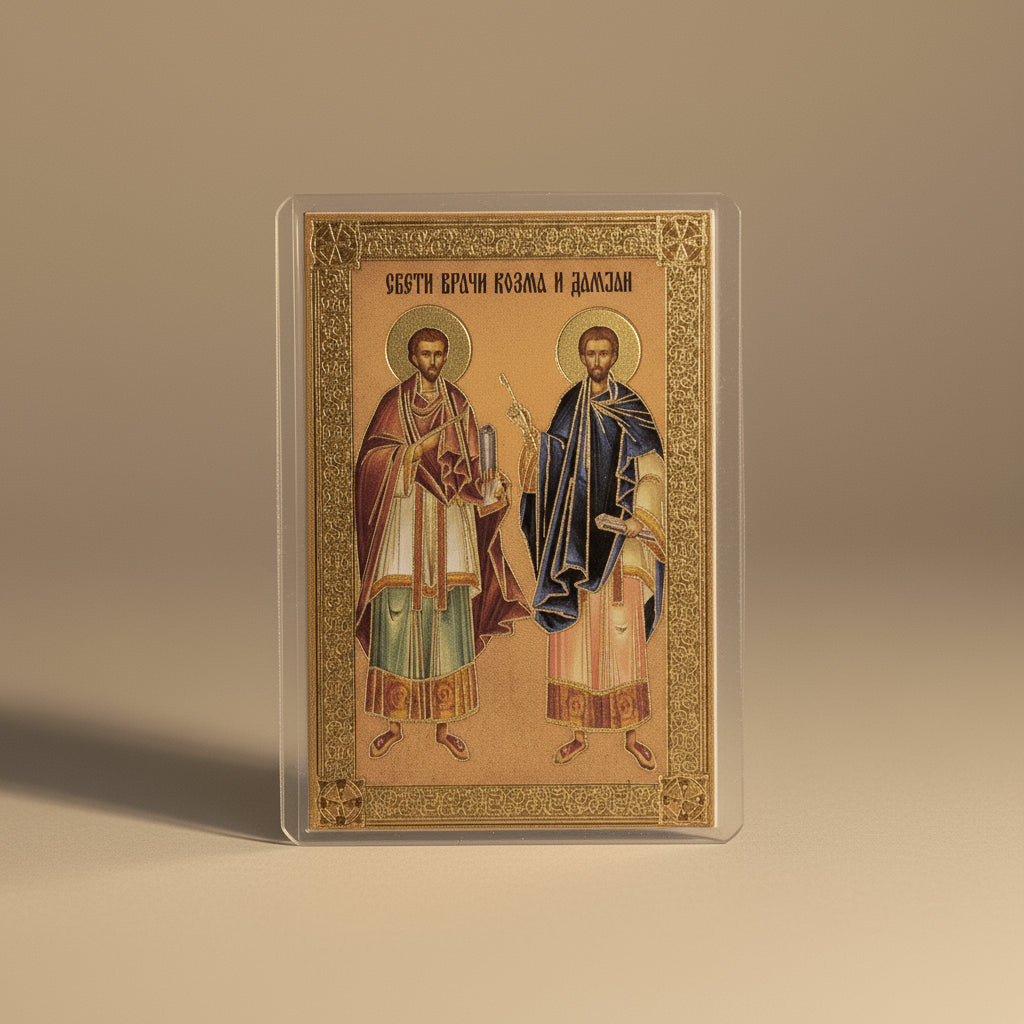 Ikone Kosmas und Damian (Sveti vračevi) – Mini - Ikone mit Tropar für Auto & Brieftasche 4,5x6 cm - svetazvezda