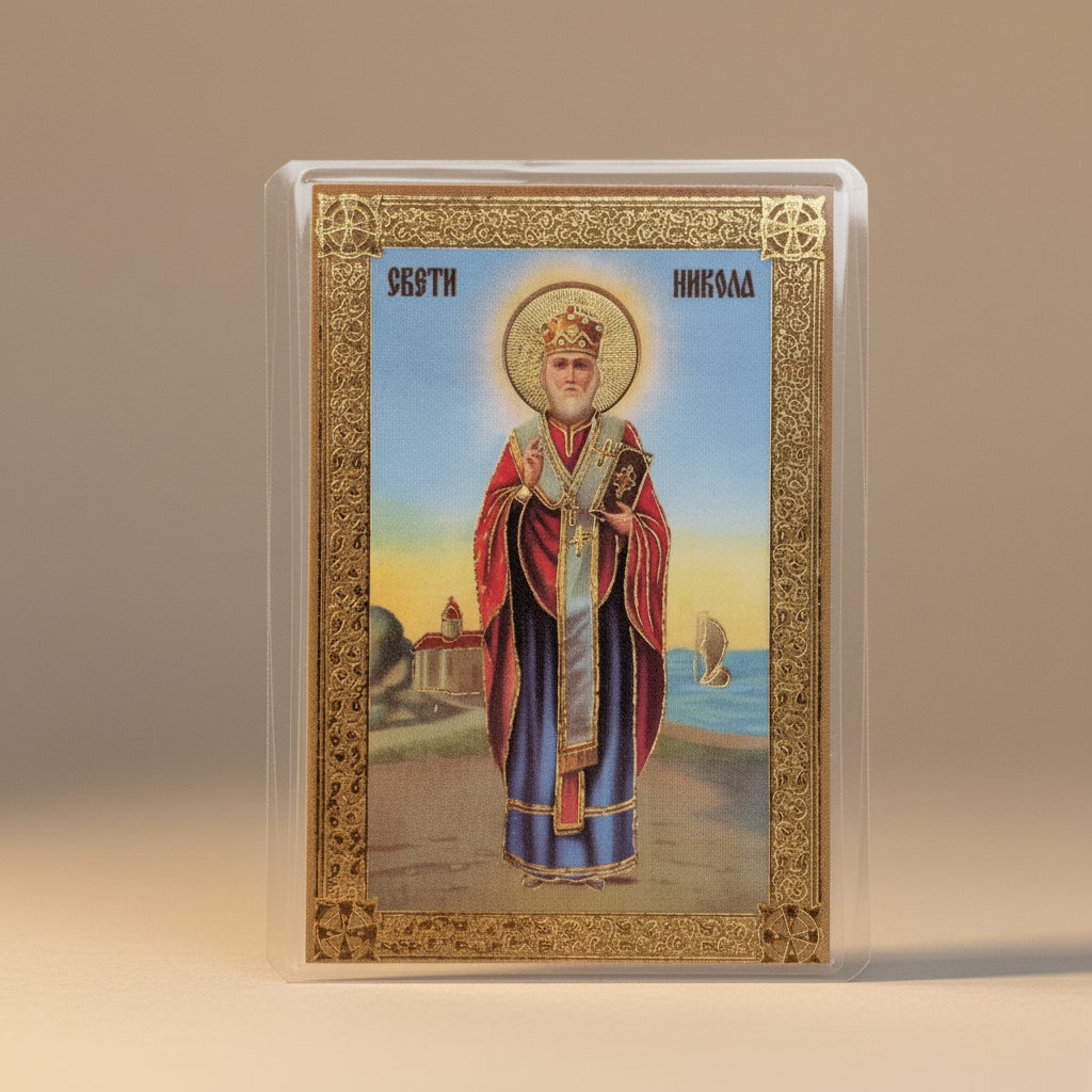 Ikone Sveti Nikola Čudotvorac – Mini - Ikone mit Tropar für Auto & Brieftasche 4,5x6 cm - svetazvezda