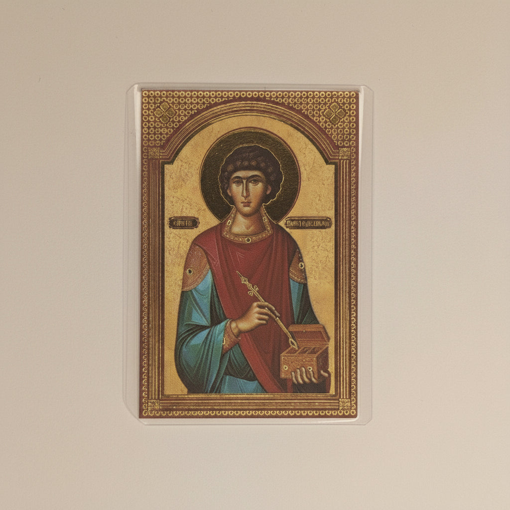 Ikone Sveti Pantelejmon – Mini - Ikone mit Tropar für Auto & Brieftasche 4,5x6 cm - svetazvezda