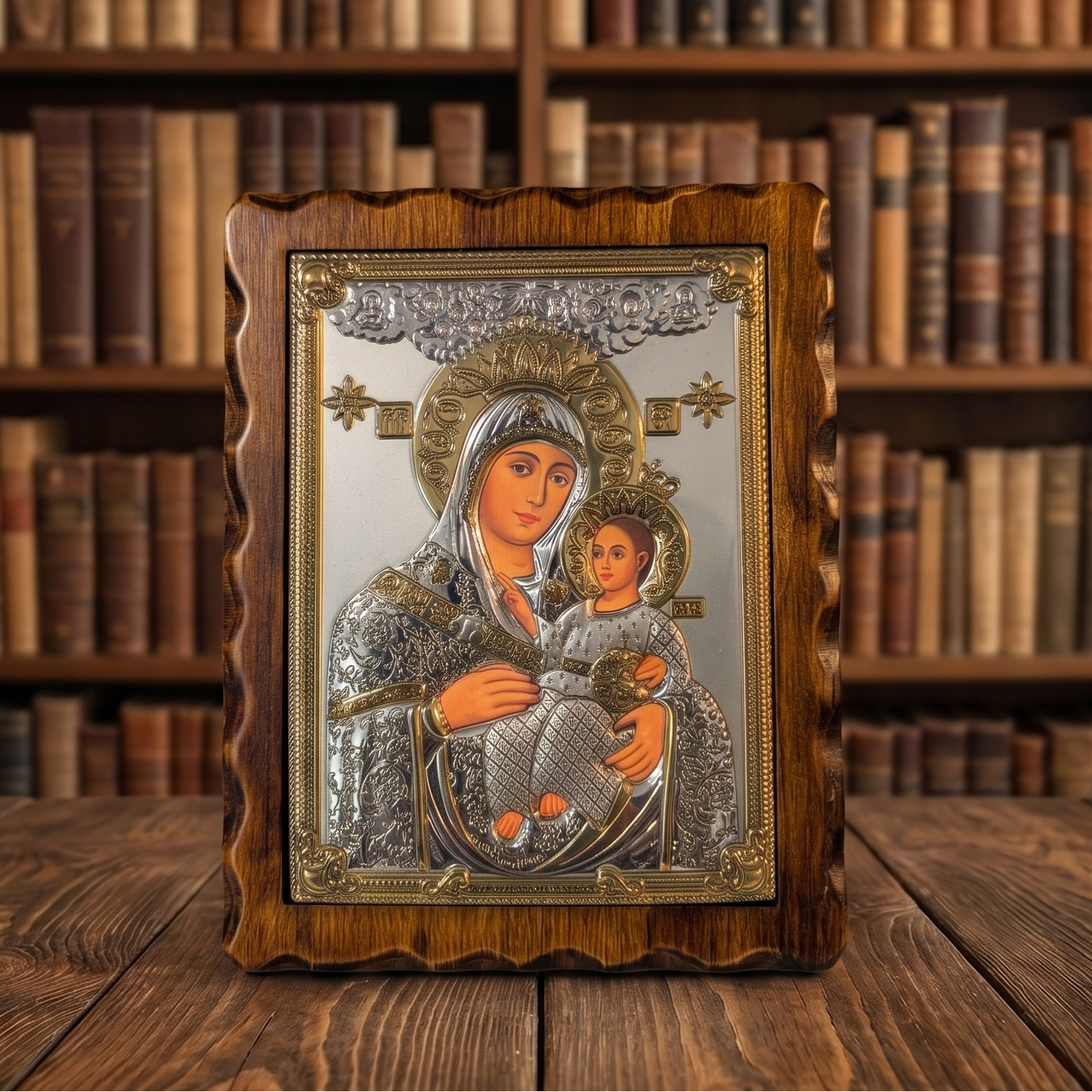 Serbisch-orthodoxe LAR Echtsilber Ikone der Gottesmutter von Bethlehem (Bogorodica Vitlejemska) in klassischer Ausführung mit hochwertigem Holzrahmen.