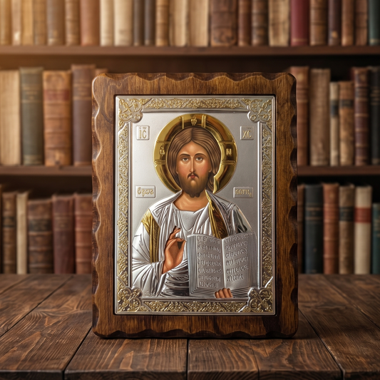 Serbisch-orthodoxe LAR Echtsilber Ikone von Jesus Christus (Isus Hristos) in klassischer Ausführung mit Holzrahmen.