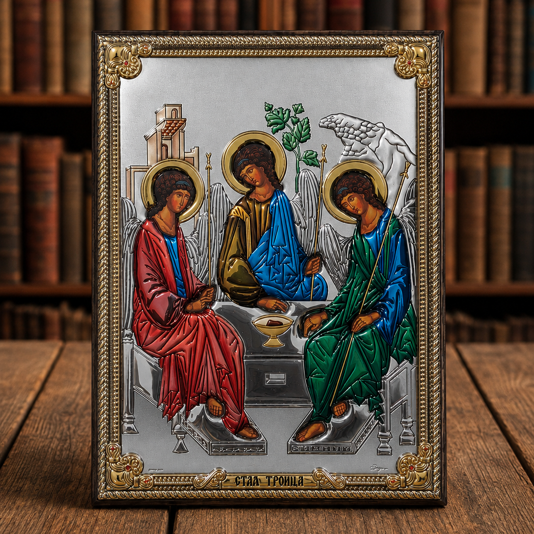 LAR Echtsilber Ikone Sveta Trojica koloriert mit goldenen Details
