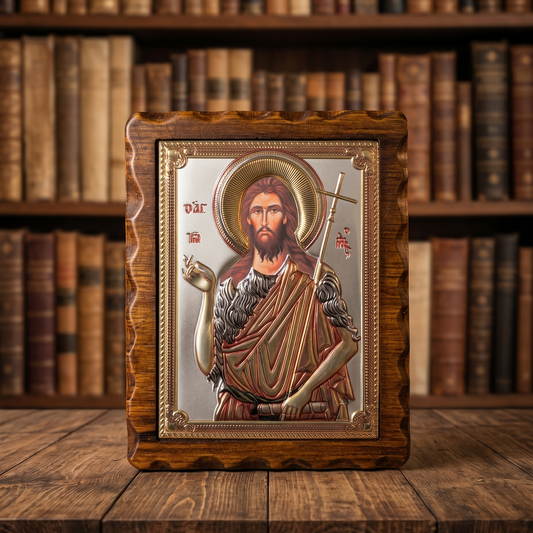 Serbisch-orthodoxe LAR Echtsilber Ikone des Heiligen Johannes des Täufers (Sveti Jovan Krstitelj) in kolorierter Ausführung mit Holzrahmen.