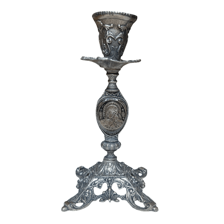 Metallkerzenhalter – Farbe Alt - Silber mit Ikone & Kreuz (19 × 12,5 cm) - svetazvezda