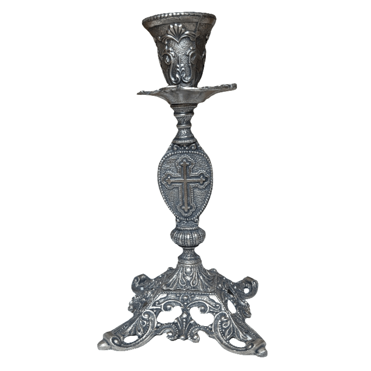 Metallkerzenhalter – Farbe Alt - Silber mit Ikone & Kreuz (19 × 12,5 cm) - svetazvezda