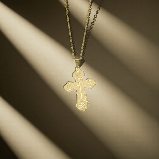 Orthodoxes Kreuz mit Edelstahlkette – Symbol des Glaubens in Gold oder Silberfarben - svetazvezda