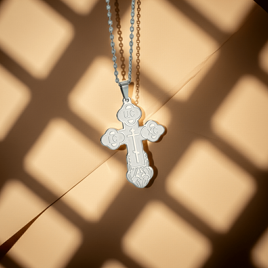 Orthodoxes Kreuz mit Edelstahlkette – Symbol des Glaubens in Gold oder Silberfarben - svetazvezda