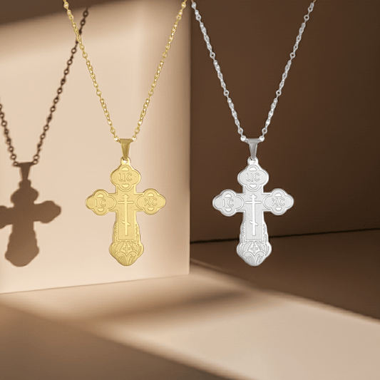Orthodoxes Kreuz mit Edelstahlkette – Symbol des Glaubens in Gold oder Silberfarben - svetazvezda