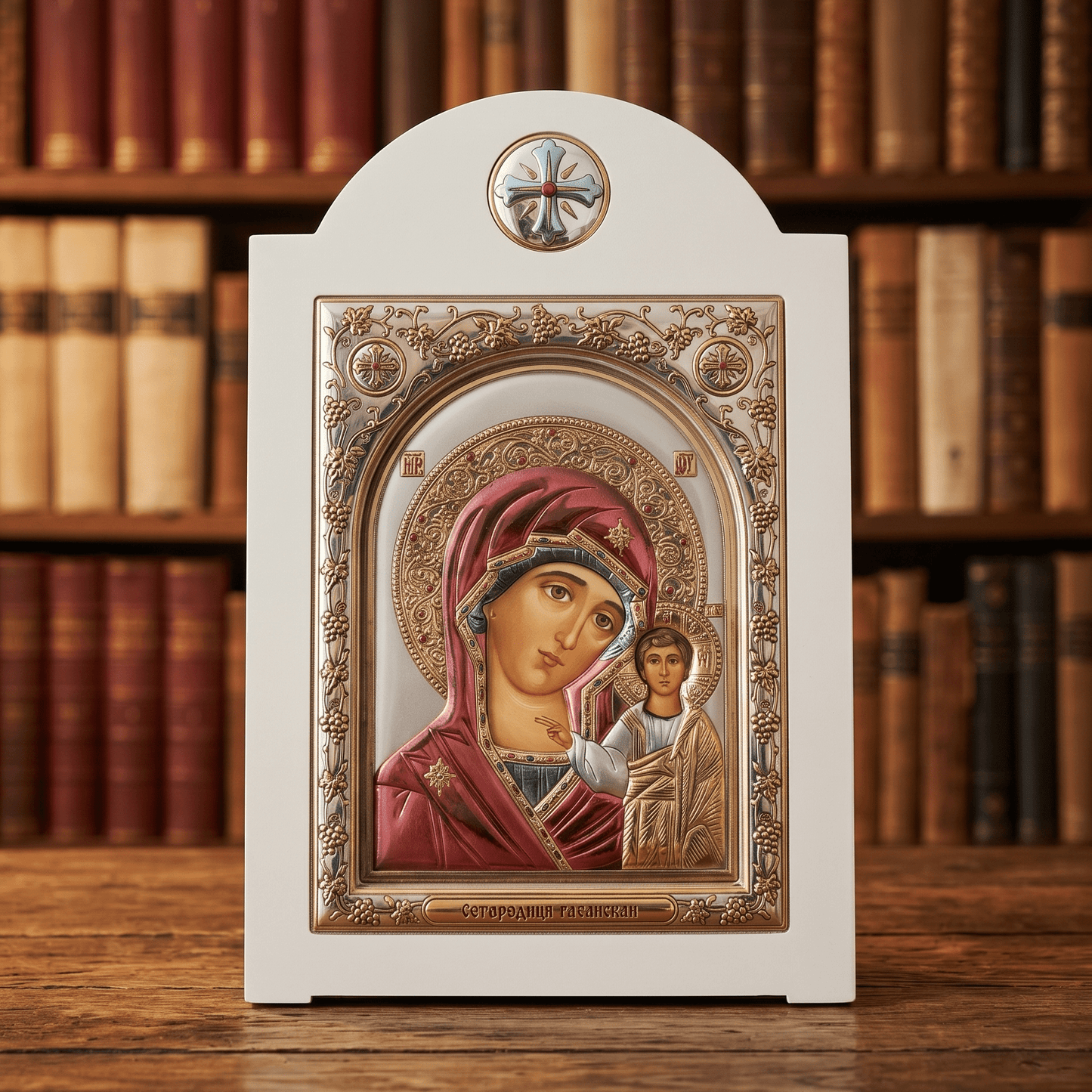 Presveta Bogorodica Kazanska – LAR Ikone mit Glas und weißem Holzrahmen / 17 × 26 cm - svetazvezda