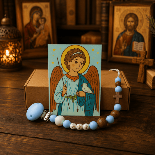 Serbisch-orthodoxe Schnullerkette aus Silikon & Holz mit Ikone - svetazvezda