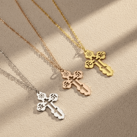 Serbisch - Orthodoxes Kreuz mit ausgeschnittenem Design und Edelstahlkette - svetazvezda