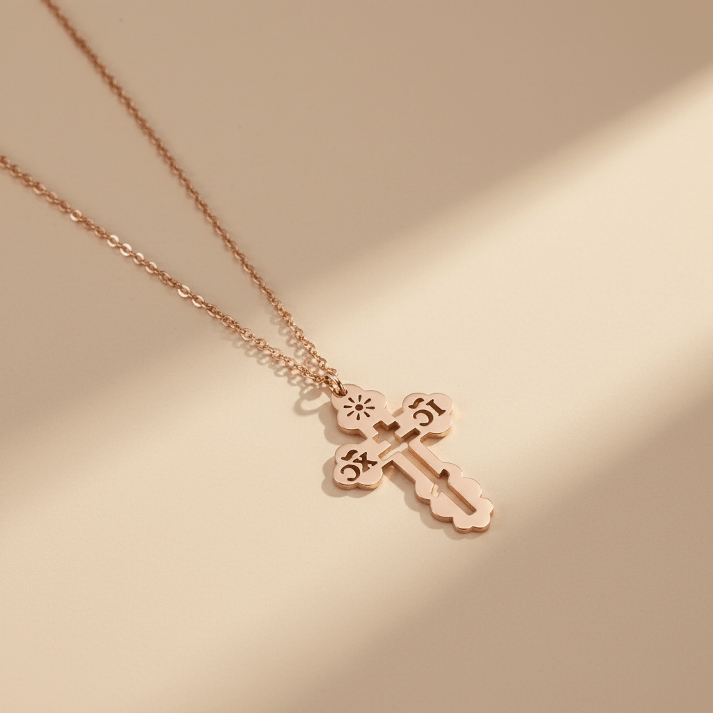 Serbisch - Orthodoxes Kreuz mit ausgeschnittenem Design und Edelstahlkette - svetazvezda