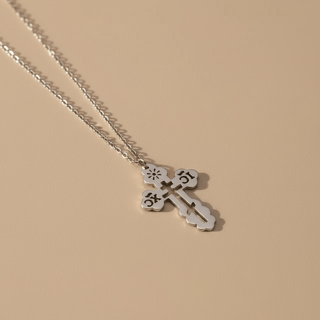 Serbisch - Orthodoxes Kreuz mit ausgeschnittenem Design und Edelstahlkette - svetazvezda