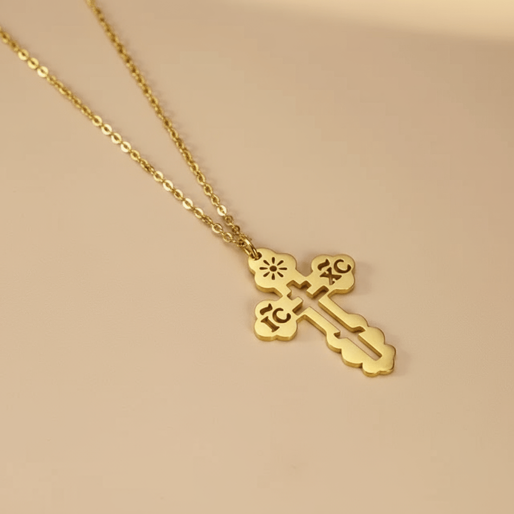 Serbisch - Orthodoxes Kreuz mit ausgeschnittenem Design und Edelstahlkette - svetazvezda