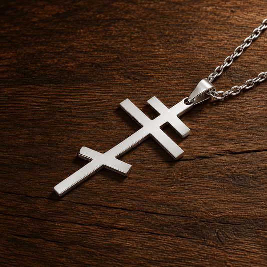 Serbisch-orthodoxes Kreuz mit Edelstahlkette (Silber, Gold, Schwarz oder Grau) - svetazvezda