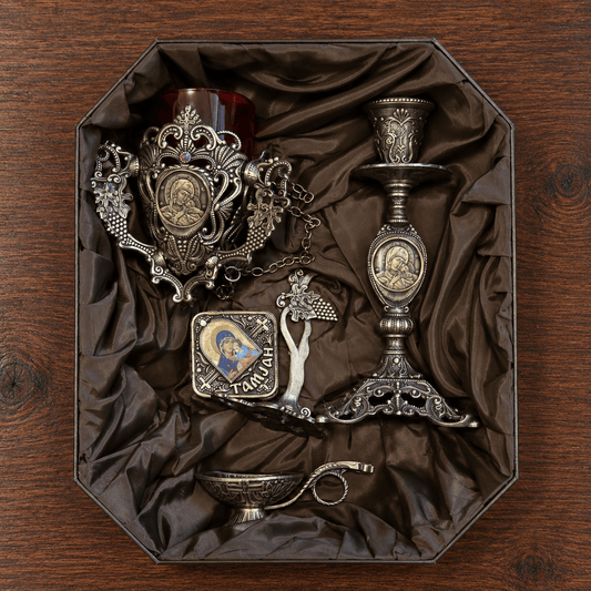 Slavski set – 4-teiliges Set in dekorativer Box (Kandilo, Kadionica, Svećnjak, Kutija za tamjan) - svetazvezda