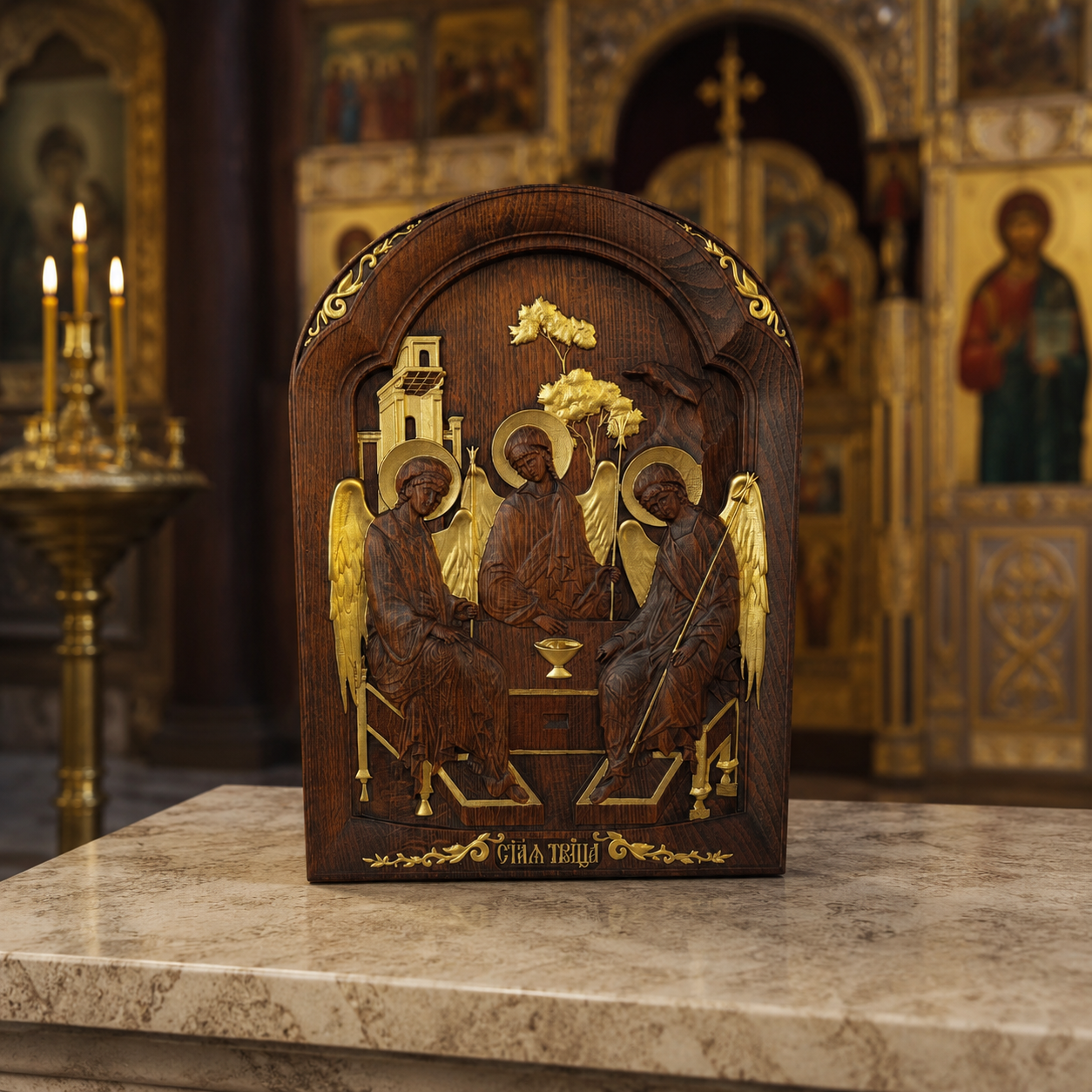Orthodoxe Ikone Sveta Trojica aus handgefertigtem Buchenholz mit vergoldeter Ausführung