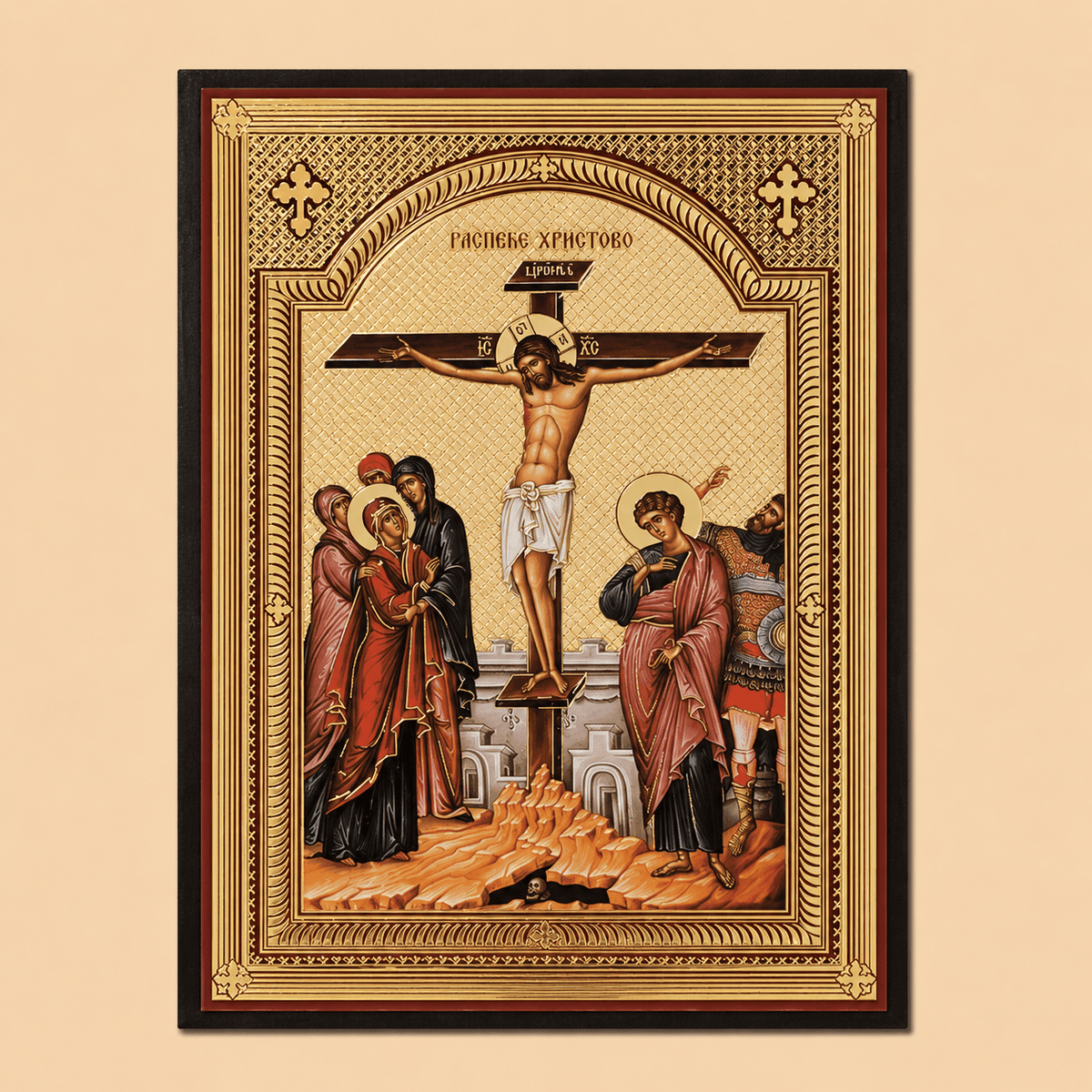 Serbisch-orthodoxe Ikone Raspeće Hristovo mit Darstellung der Kreuzigung Christi und Zlatotisak-Golddruck