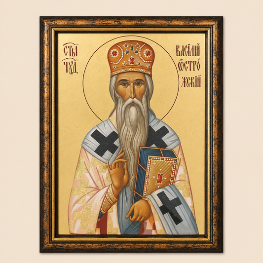 Ikone des Heiligen Vasilije Ostroški im dunkel-goldfarbenen Rahmen.