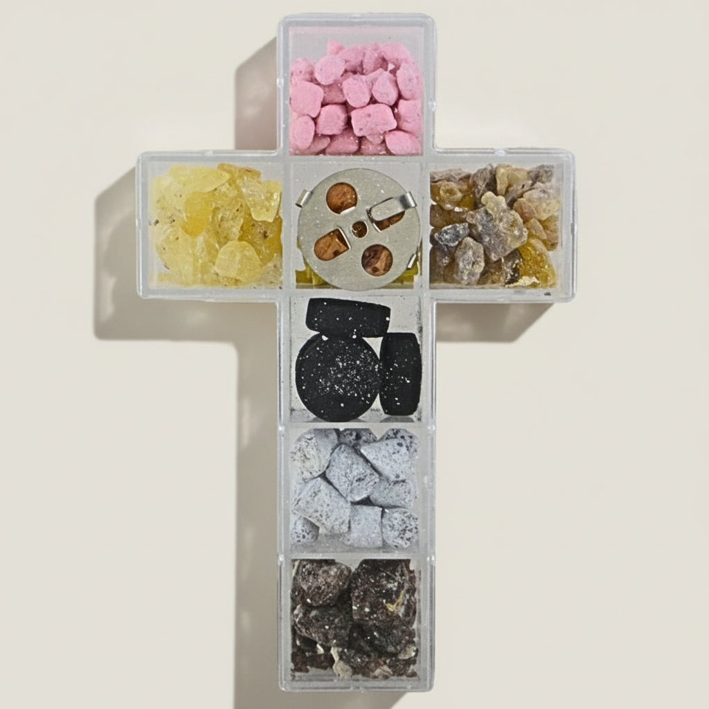 Tamjan - Kreuz – Weihrauch - Set mit 5 Tamjan - Sorten, Kohle und Fitilji - svetazvezda