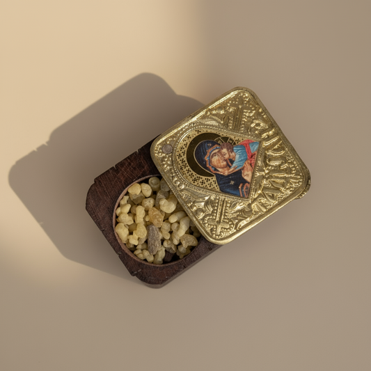 Tamjan - Weihrauchbox mit Bogorodica – Handgefertigte Holz - und Metallbox - svetazvezda