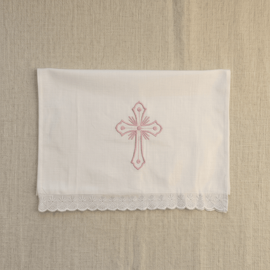 Serbisch-orthodoxes Tauftuch in Rosa und Weiß.