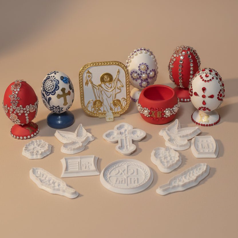 Vaskrs - Set – 5 dekorierte Eier, Modlice - Set und rote Čuvarkuća 2 - svetazvezda