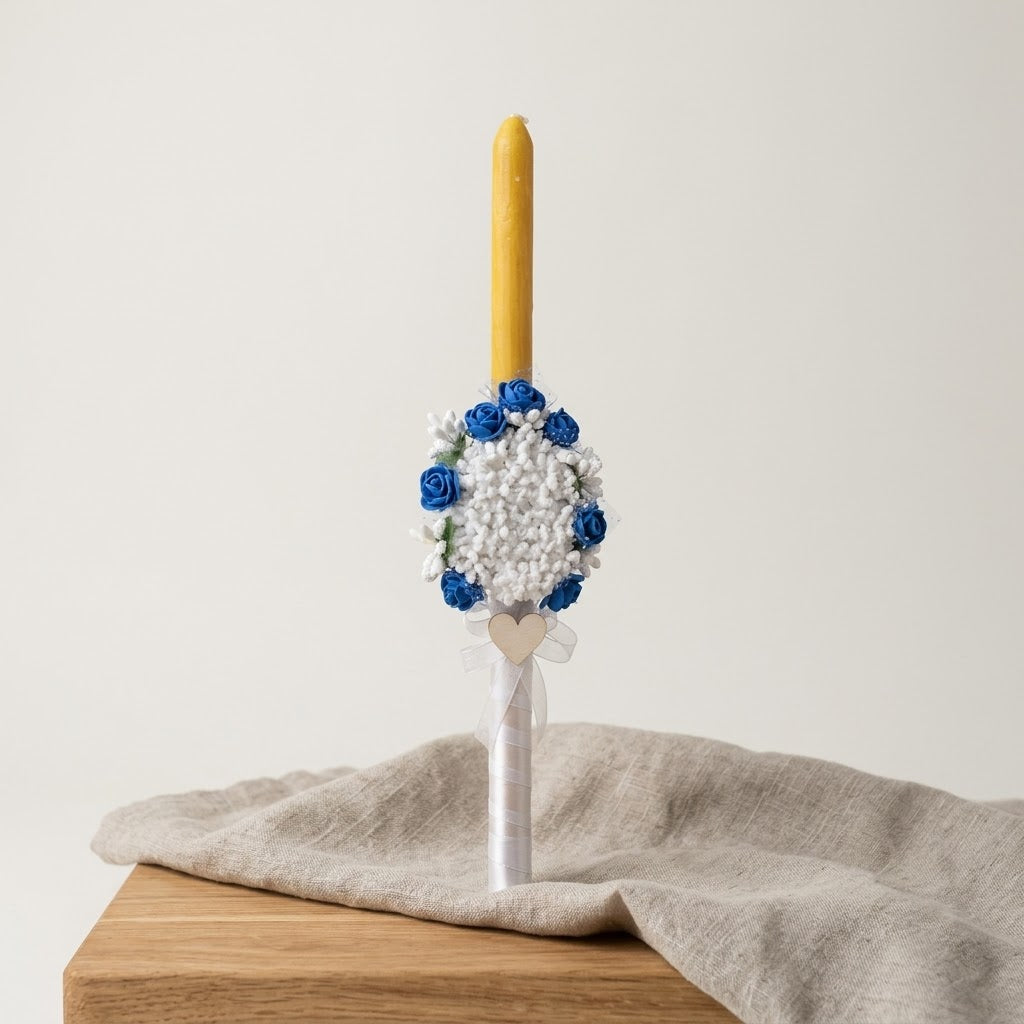 Hochzeits- und Taufkerze mit Blumengesteck 38 cm