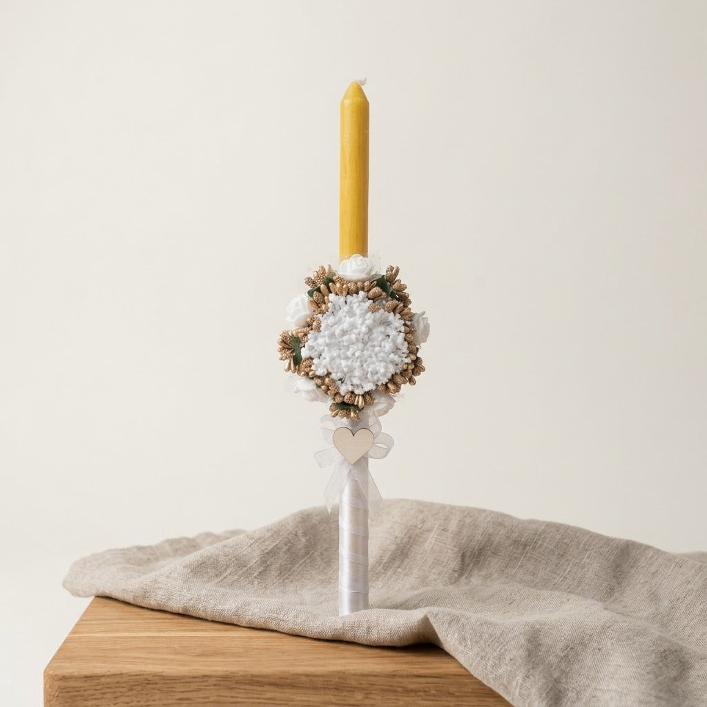 Hochzeits- und Taufkerze mit Blumengesteck 38 cm