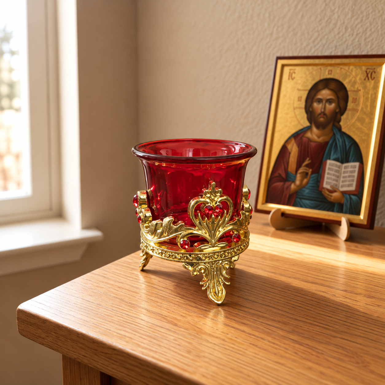 Kandilo mit goldfarbenem Ständer und rotem Glas 1