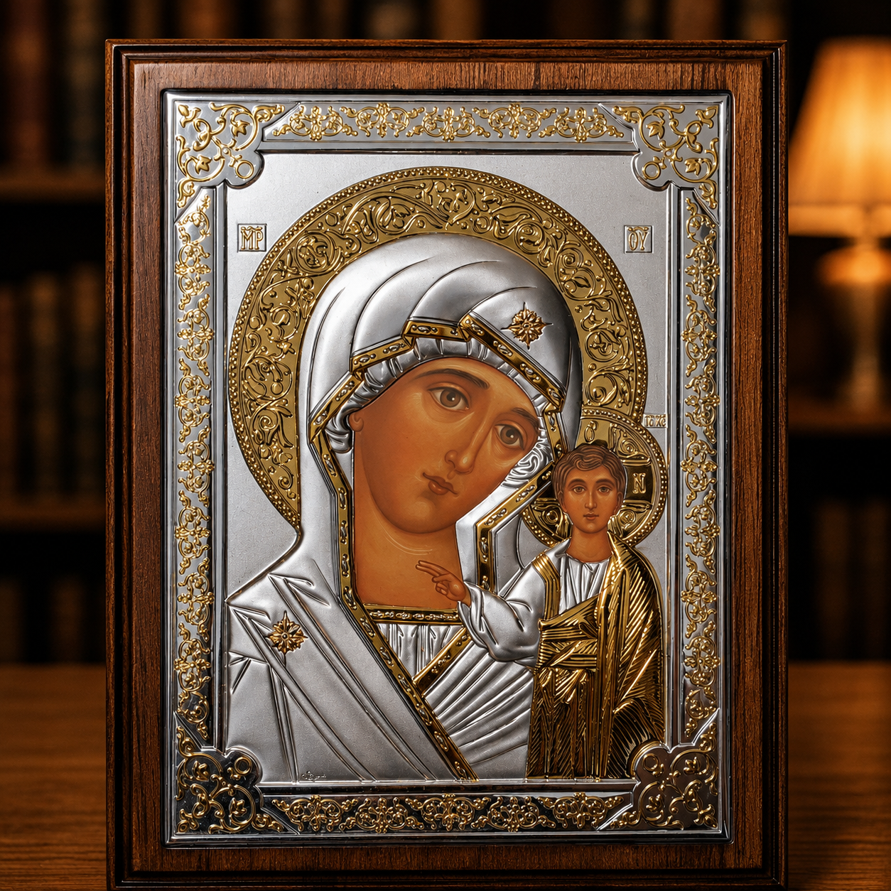 Orthodoxe Ikone Bogorodica Kazanska mit Jesuskind in klassischer Silber-Gold-Ausführung mit Holzrahmen