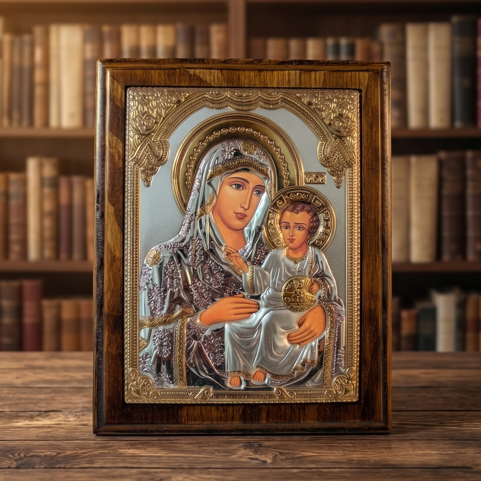 Bogorodica Jerusalimska LAR Echtsilber Ikone 17 × 21,5 cm im klassischen Stil mit 999° Reinesilber und Echtholzrahmen