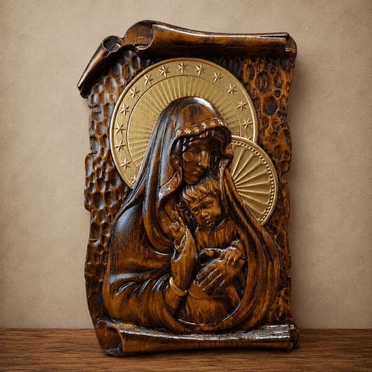 Bogorodica mit Jesuskind – Handgefertigte orthodoxe Holzikone 38,5 × 25 cm - svetazvezda