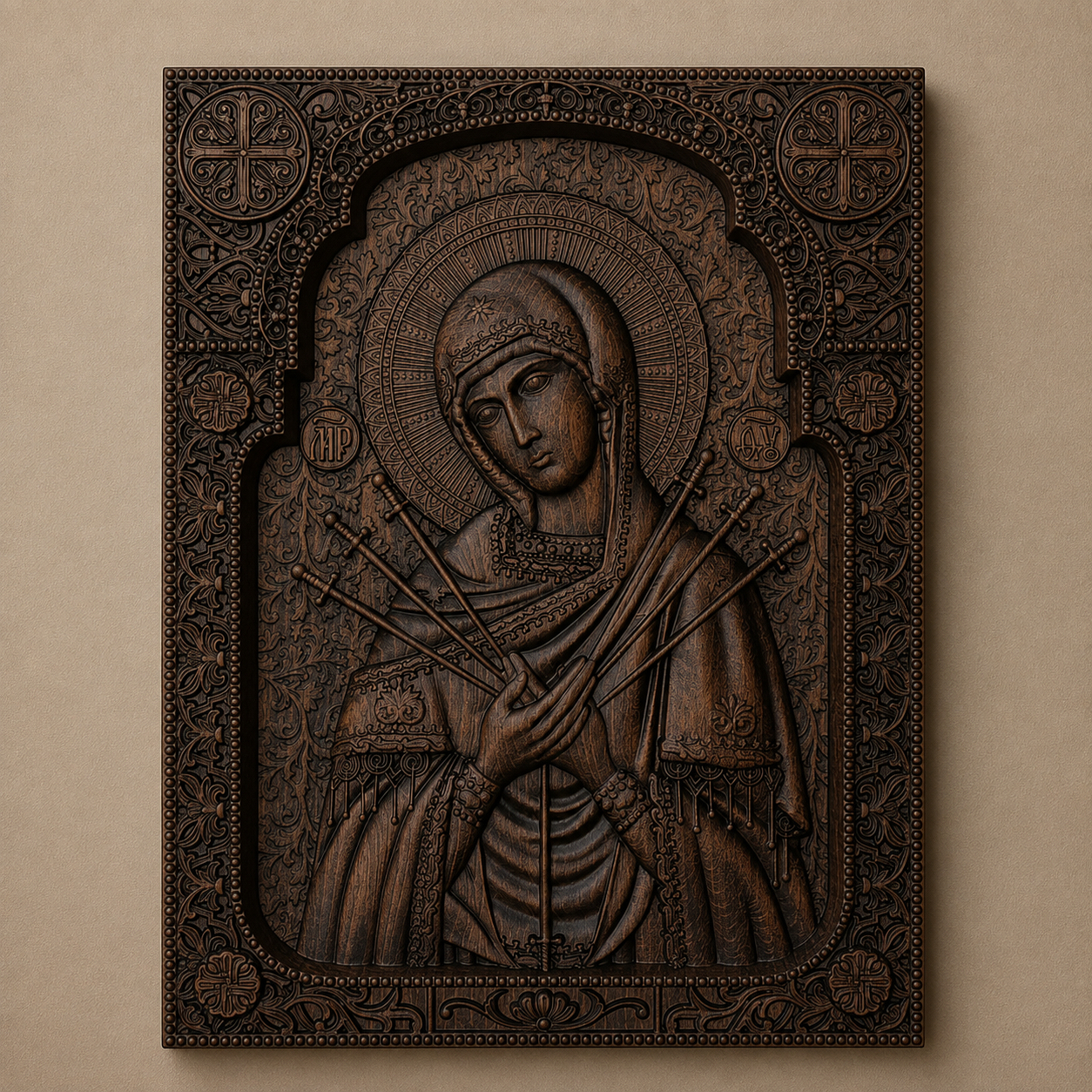Holzikone Bogorodica Sedam Mačeva aus dunklem Naturholz, 35 × 25 cm, serbisch-orthodoxe Ikone