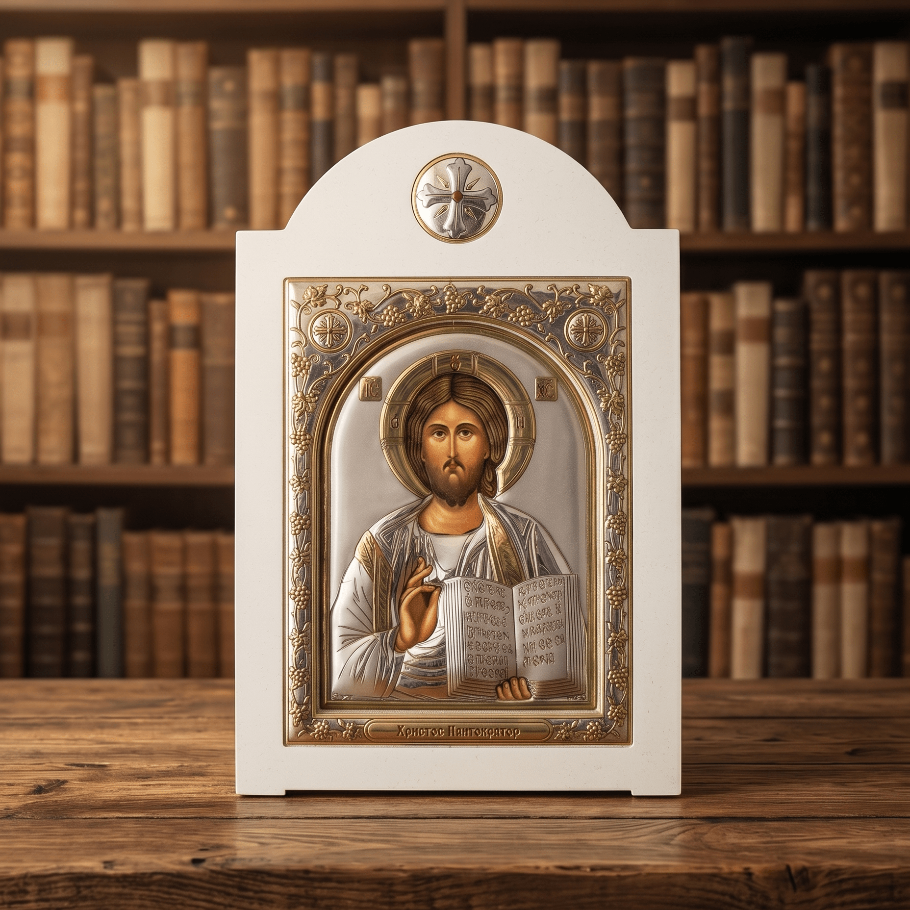 Hristos Pantokrator – LAR Ikone mit Glas und weißem Holzrahmen / 17 × 26 cm - svetazvezda