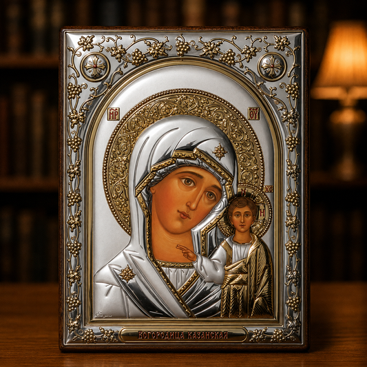 Orthodoxe Ikone Bogorodica Kazanska mit Jesuskind in klassischer Silber-Gold-Ausführung mit Holzrahmen