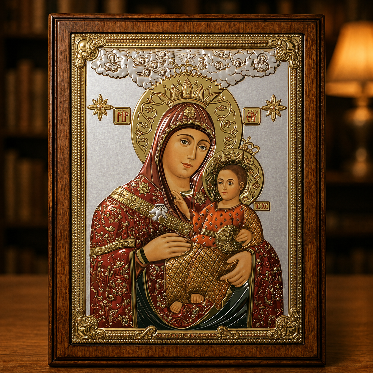 Orthodoxe Ikone Bogorodica Vitlejemska mit Jesuskind, koloriert mit goldenen Details und Holzrahmen