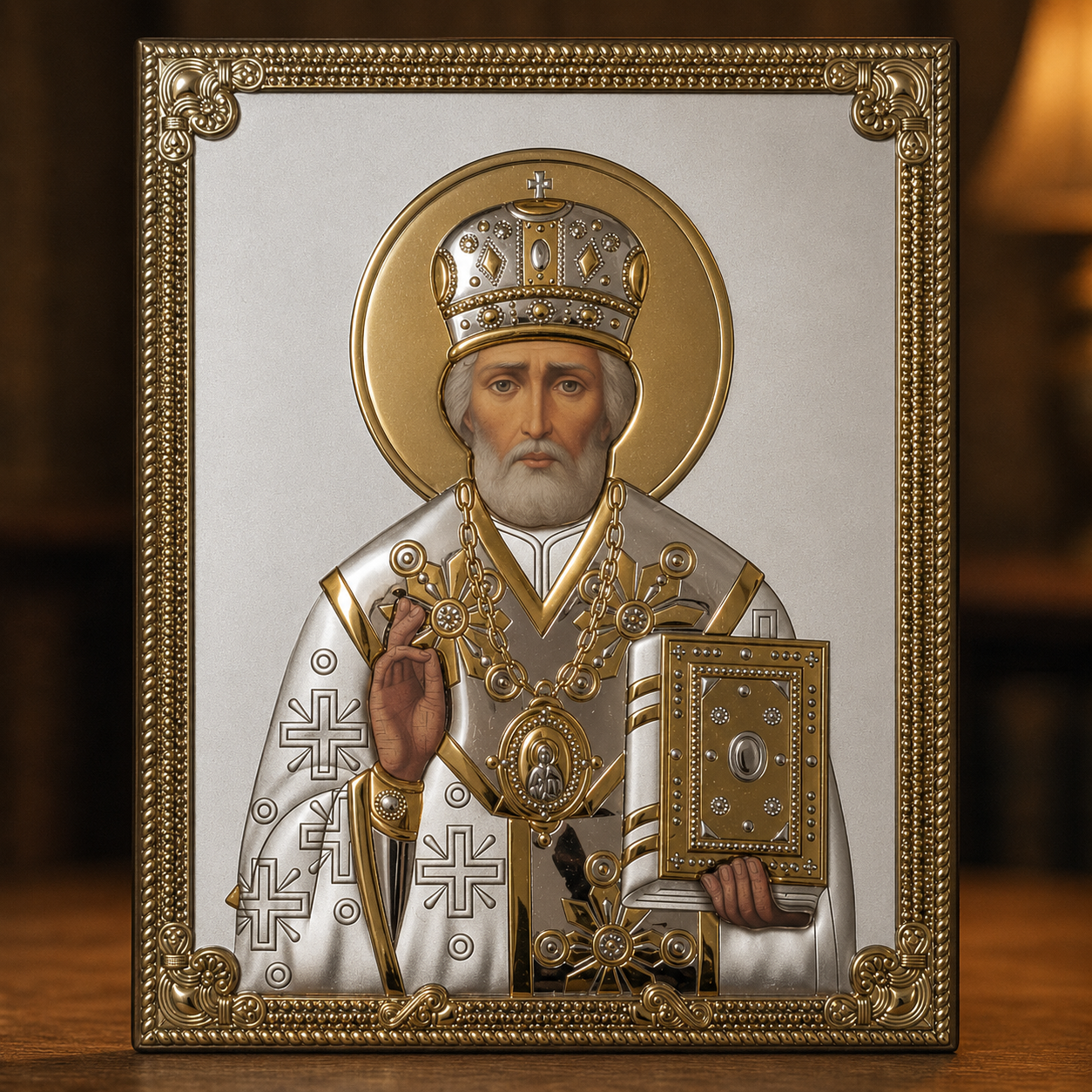 Orthodoxe Ikone des Heiligen Nikolaus – klassische Variante in Gold und Silber