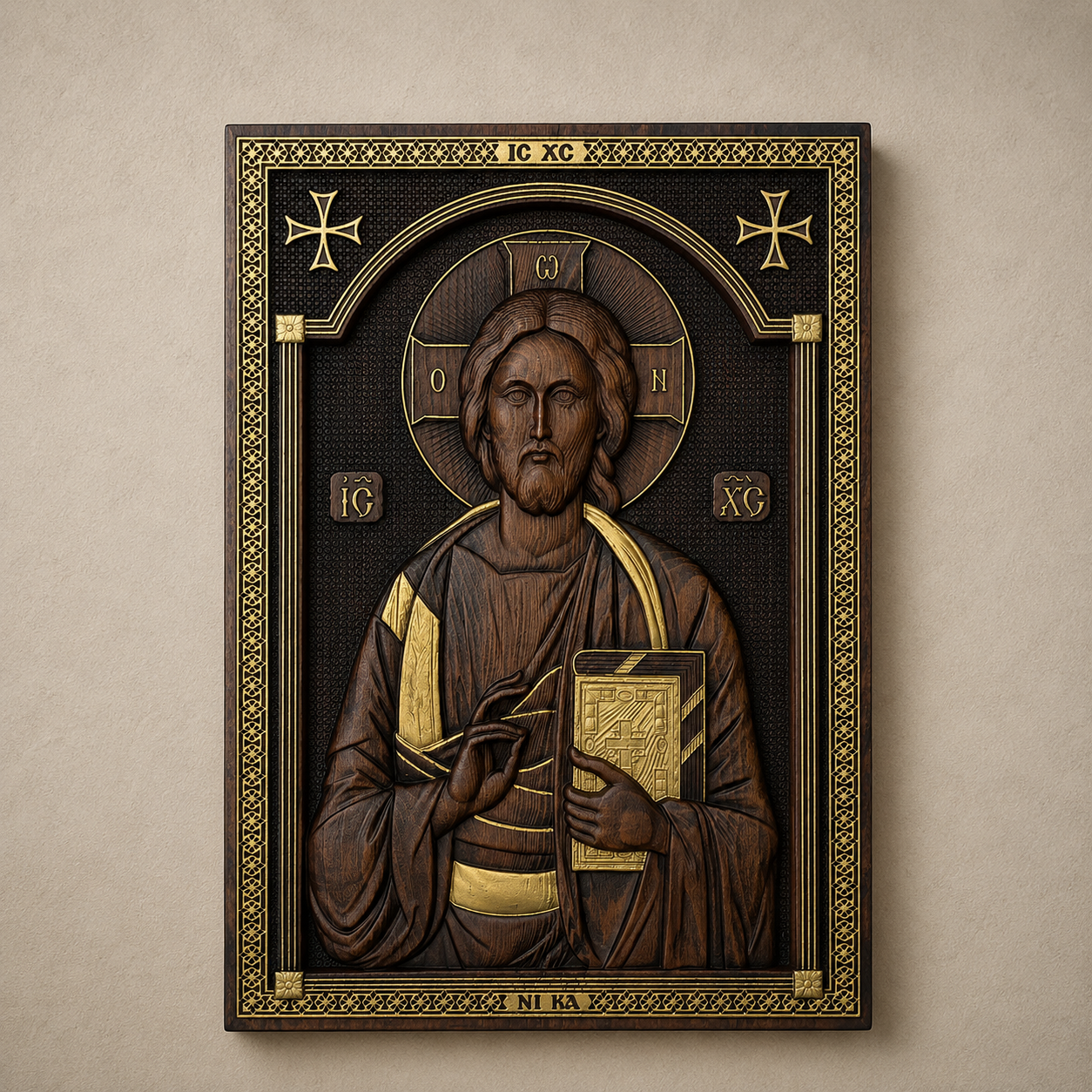 Holzikone Isus Hristos mit Goldverzierungen, 35 × 25 cm, serbisch-orthodoxe Ikone