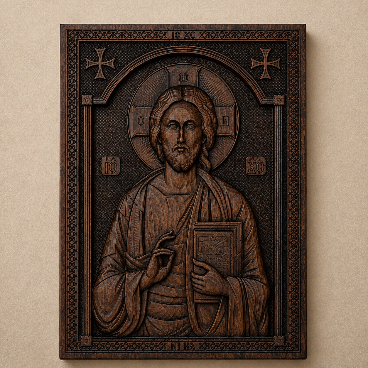 Holzikone Isus Hristos aus dunklem Naturholz, 35 × 25 cm, serbisch-orthodoxe Ikone