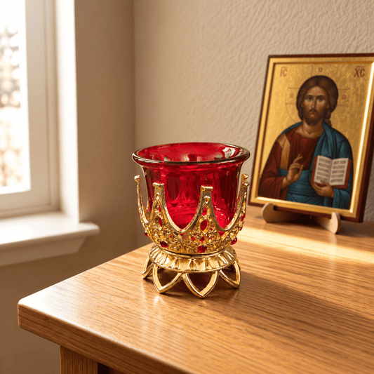 Kandilo mit goldfarbenem Ständer und rotem Glas 1 - svetazvezda