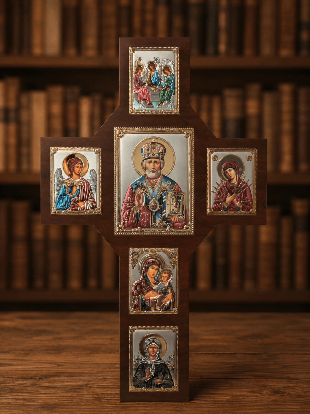 Kreuz mit Sveti Nikola – LAR Echtsilber Ikonen / 60 × 37 cm - svetazvezda