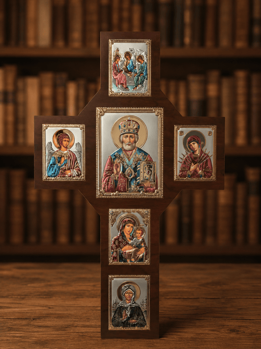 Kreuz mit Sveti Nikola – LAR Echtsilber Ikonen / 60 × 37 cm - svetazvezda