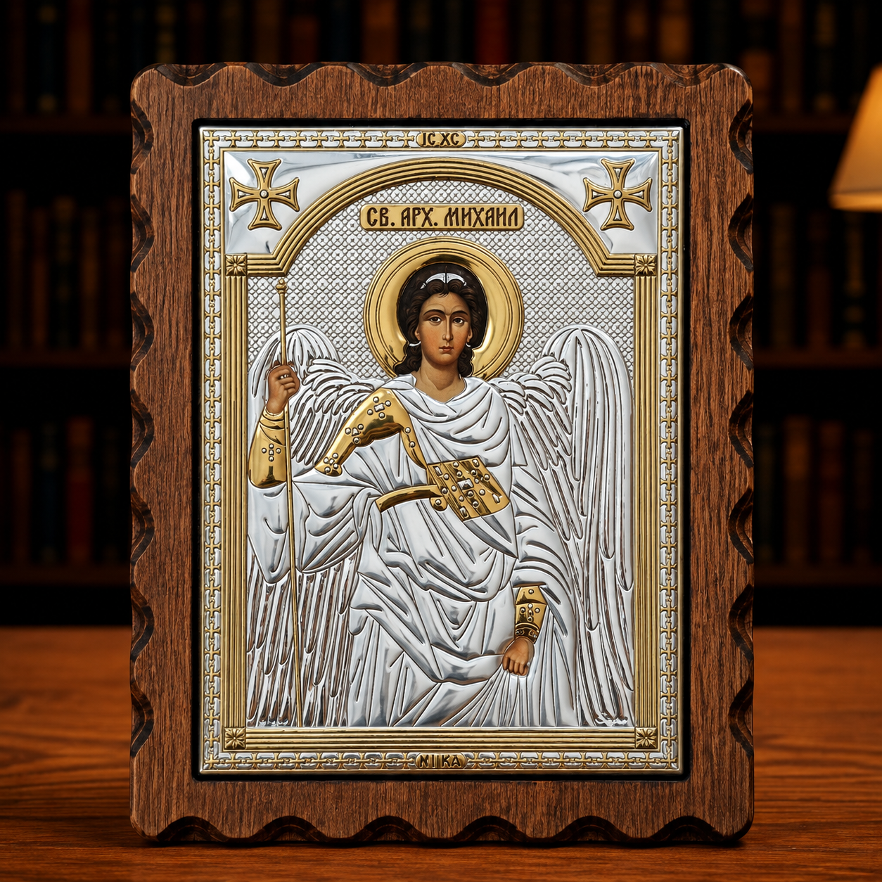 LAR Echtsilber Ikone Arhangel Mihailo klassisch in Silber und Gold im Holzrahmen